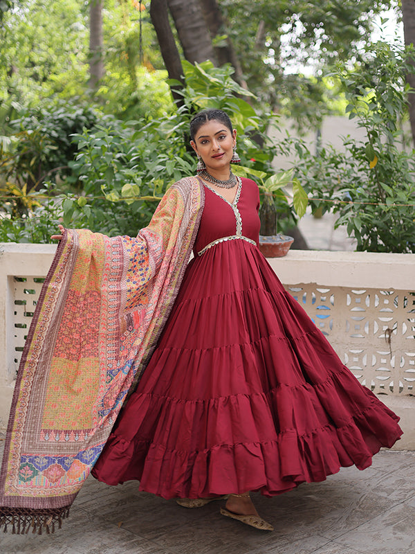 Maroon Frill Stitching Mirror Lace Work Roman Gown