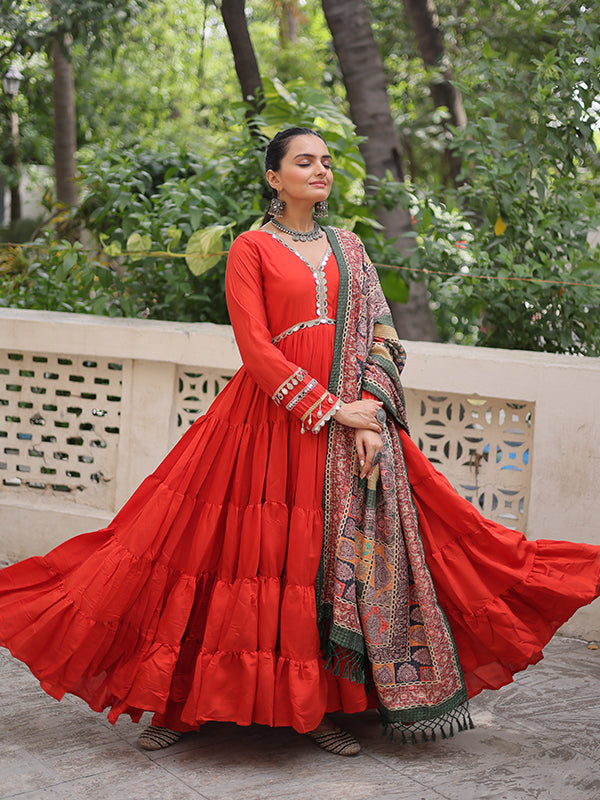Orange Frill Stitching Mirror Lace Work Roman Gown