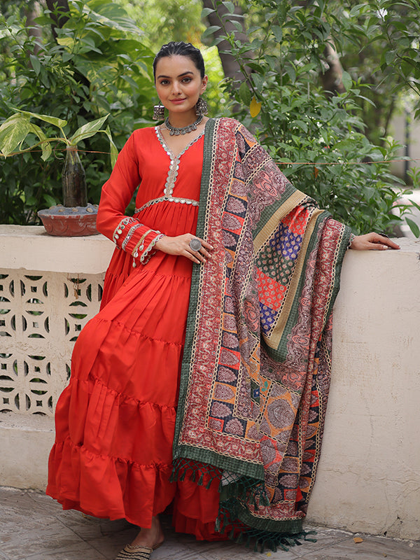 Orange Frill Stitching Mirror Lace Work Roman Gown
