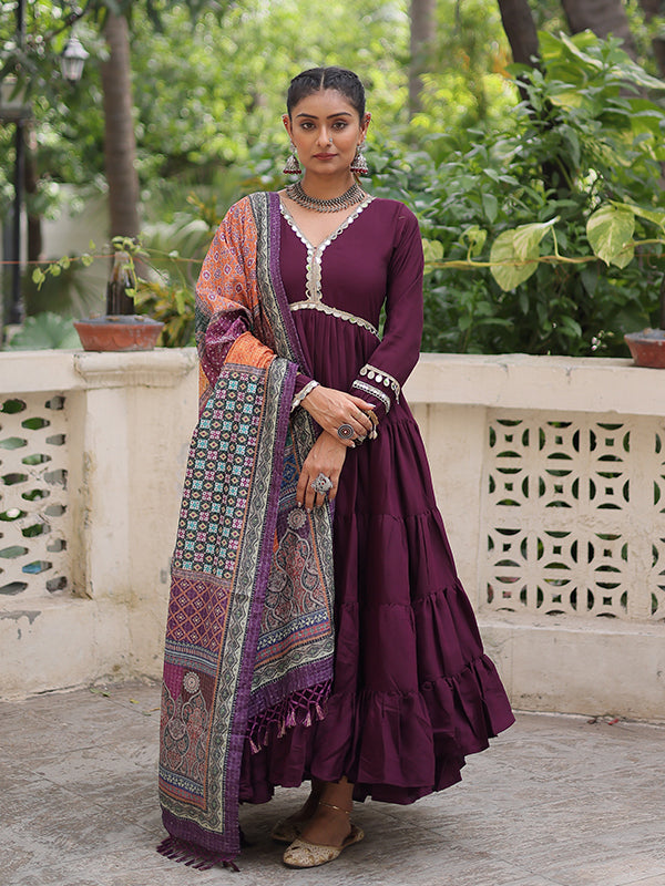 Wine Frill Stitching Mirror Lace Work Roman Gown