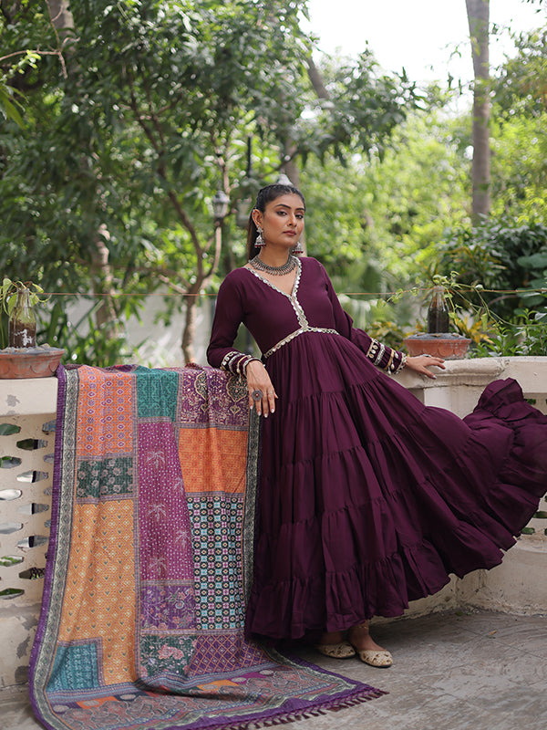 Wine Frill Stitching Mirror Lace Work Roman Gown