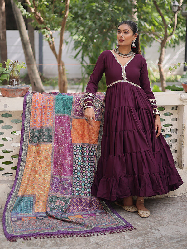 Wine Frill Stitching Mirror Lace Work Roman Gown
