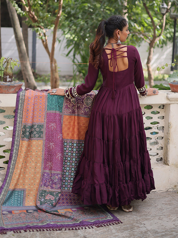 Wine Frill Stitching Mirror Lace Work Roman Gown