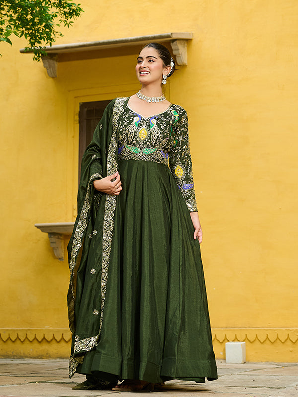 Mehndi Green Multi Thread Zari Work Vichitra Silk Gown With Dupatta