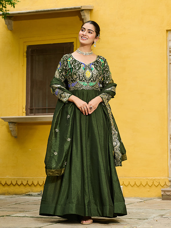Mehndi Green Multi Thread Zari Work Vichitra Silk Gown With Dupatta