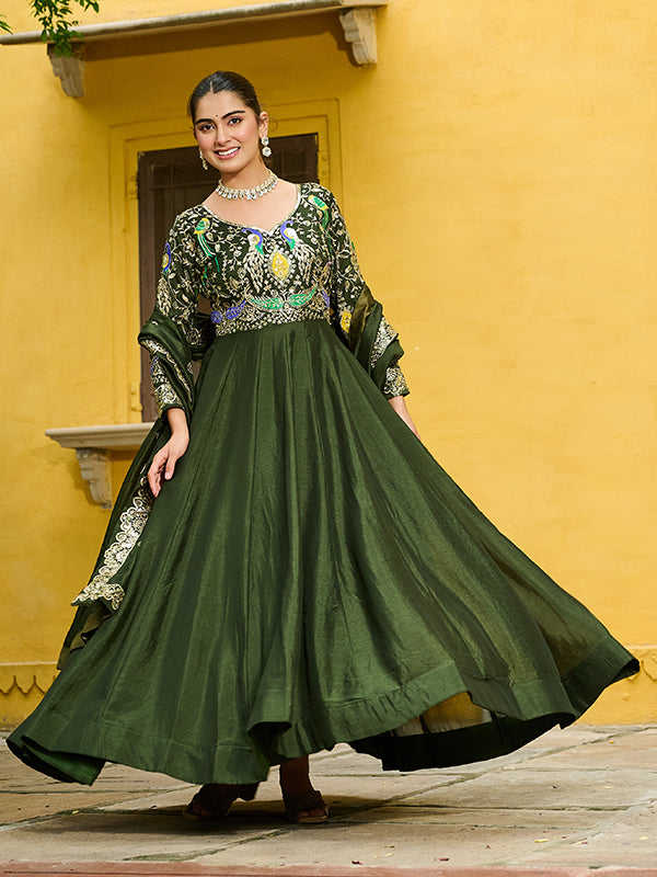 Mehndi Green Multi Thread Zari Work Vichitra Silk Gown With Dupatta