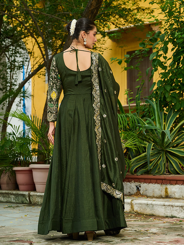 Mehndi Green Multi Thread Zari Work Vichitra Silk Gown With Dupatta
