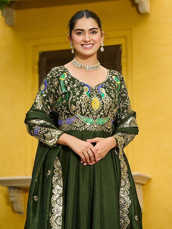 Mehndi Green Multi Thread Zari Work Vichitra Silk Gown With Dupatta