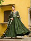 Mehndi Green Multi Thread Zari Work Vichitra Silk Gown With Dupatta