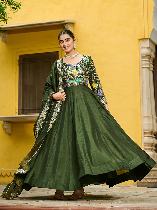 Mehndi Green Multi Thread Zari Work Vichitra Silk Gown With Dupatta