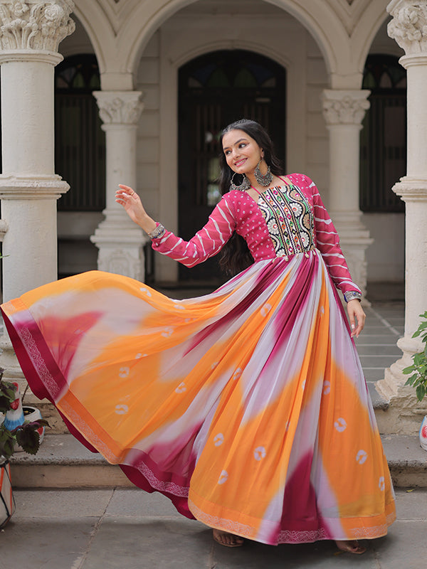 Pink Bandhej Print Gamthi Work Faux Georgette Gown