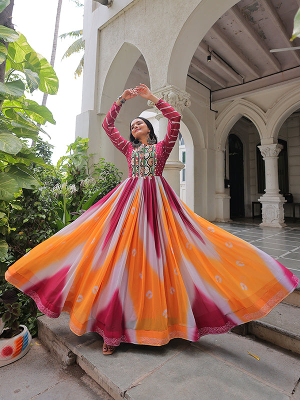 Pink Bandhej Print Gamthi Work Faux Georgette Gown