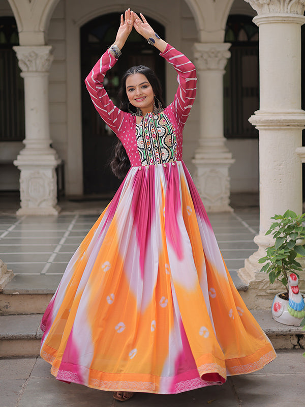 Pink Bandhej Print Gamthi Work Faux Georgette Gown
