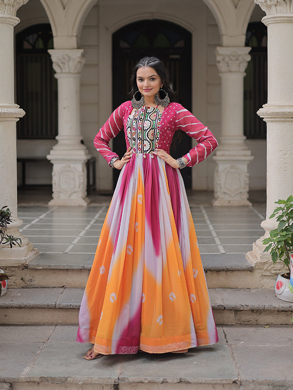 Pink Bandhej Print Gamthi Work Faux Georgette Gown