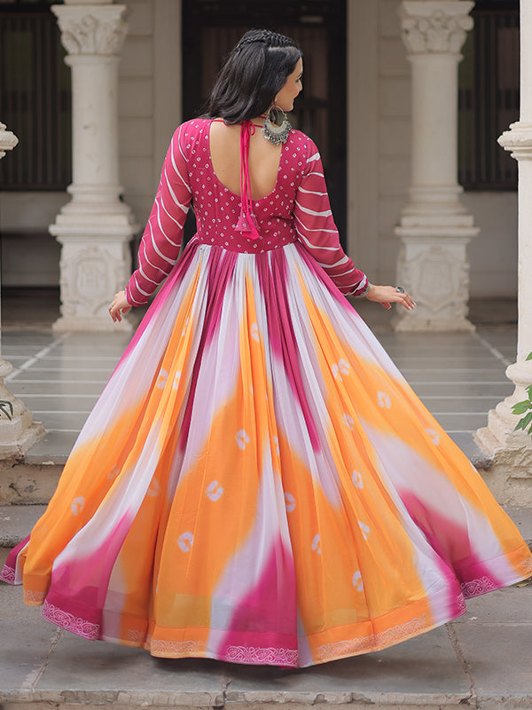 Pink Bandhej Print Gamthi Work Faux Georgette Gown