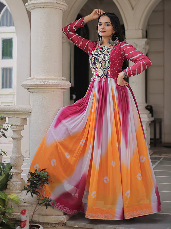 Pink Bandhej Print Gamthi Work Faux Georgette Gown
