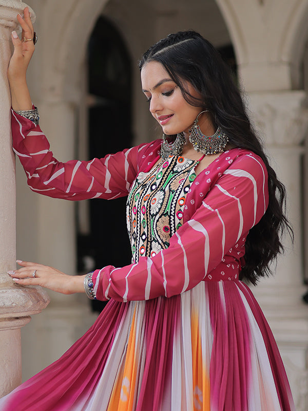 Pink Bandhej Print Gamthi Work Faux Georgette Gown