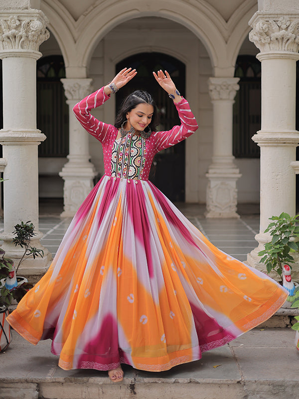 Pink Bandhej Print Gamthi Work Faux Georgette Gown
