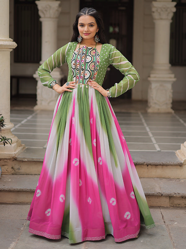 Pista Green Bandhej Print Gamthi Work Faux Georgette Gown