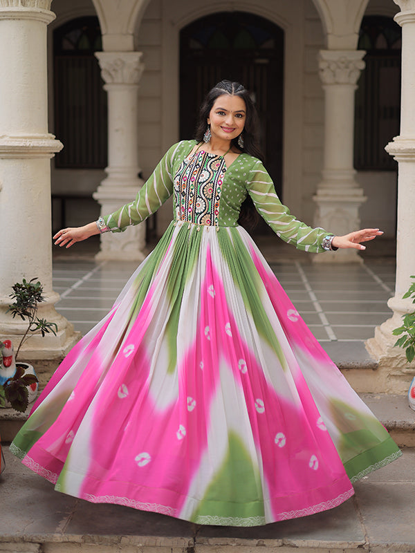 Pista Green Bandhej Print Gamthi Work Faux Georgette Gown