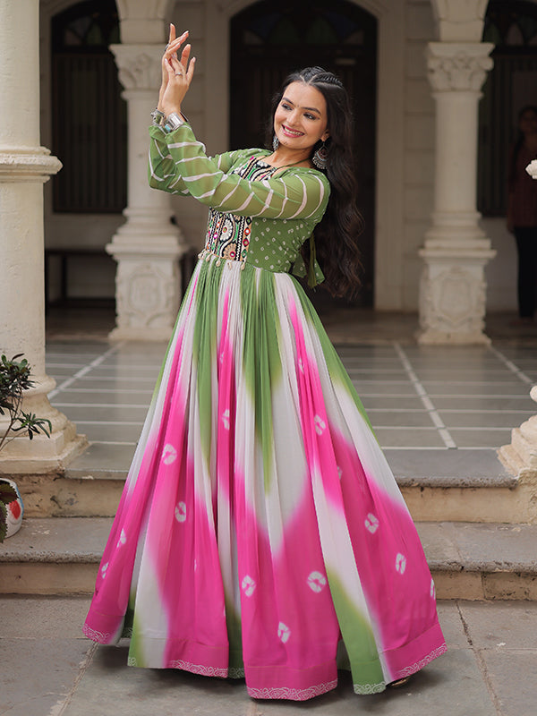 Pista Green Bandhej Print Gamthi Work Faux Georgette Gown
