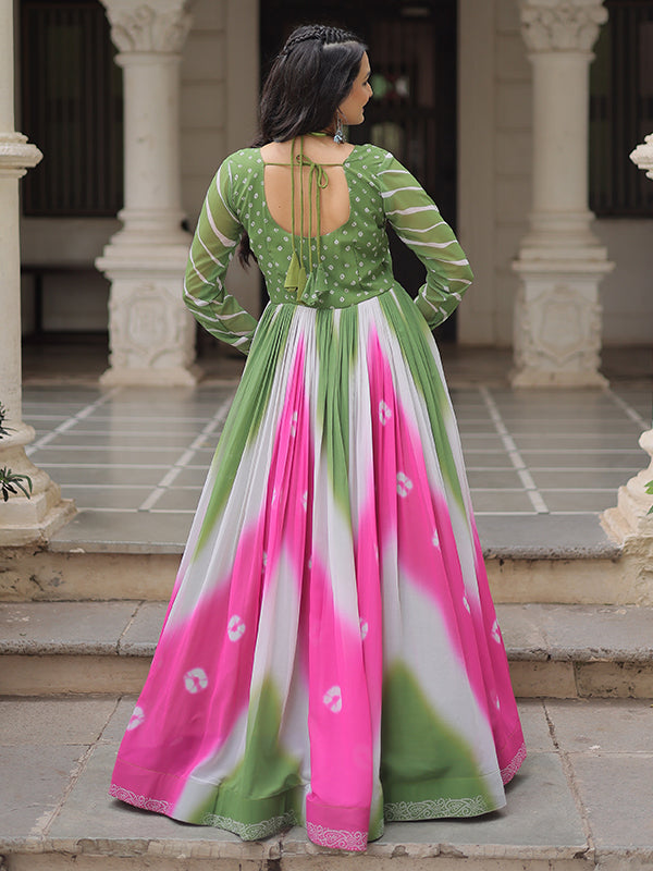 Pista Green Bandhej Print Gamthi Work Faux Georgette Gown