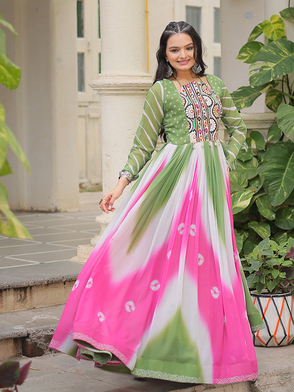 Pista Green Bandhej Print Gamthi Work Faux Georgette Gown
