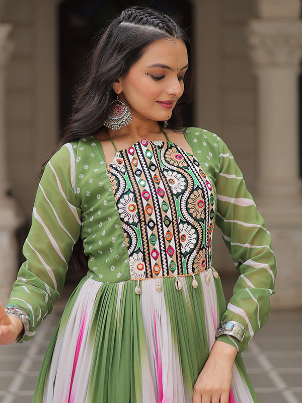 Pista Green Bandhej Print Gamthi Work Faux Georgette Gown