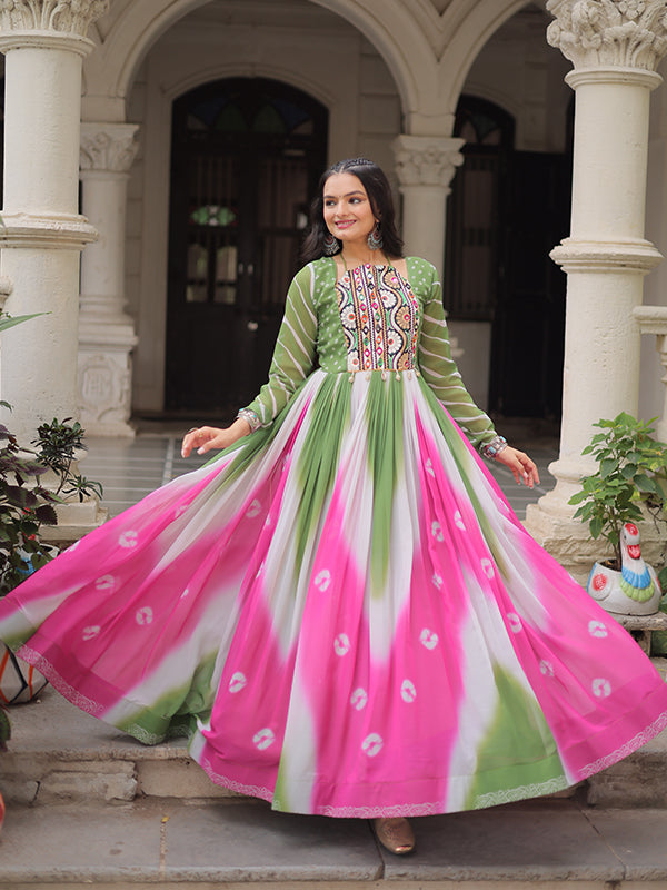 Pista Green Bandhej Print Gamthi Work Faux Georgette Gown