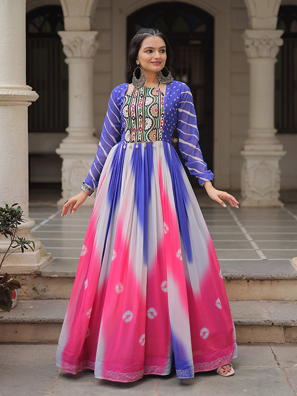 Purple Bandhej Print Gamthi Work Faux Georgette Gown