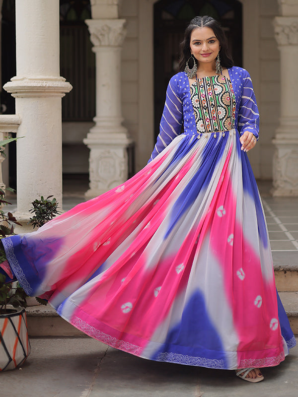 Purple Bandhej Print Gamthi Work Faux Georgette Gown