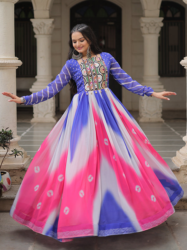 Purple Bandhej Print Gamthi Work Faux Georgette Gown