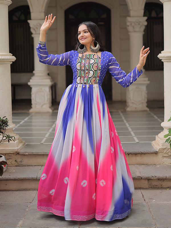 Purple Bandhej Print Gamthi Work Faux Georgette Gown