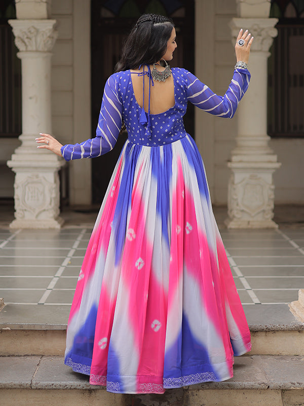 Purple Bandhej Print Gamthi Work Faux Georgette Gown