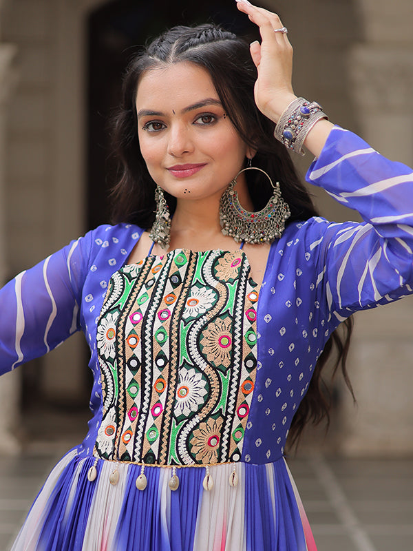 Purple Bandhej Print Gamthi Work Faux Georgette Gown