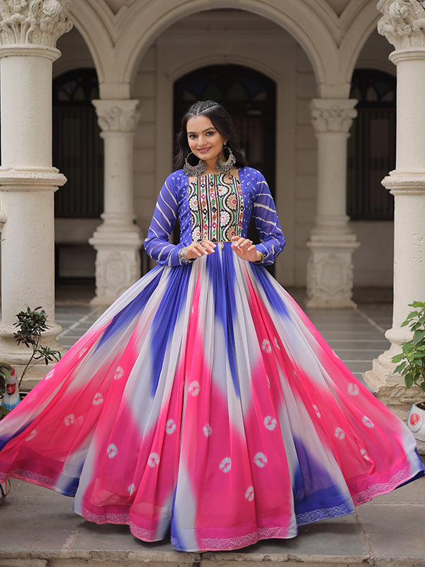 Purple Bandhej Print Gamthi Work Faux Georgette Gown