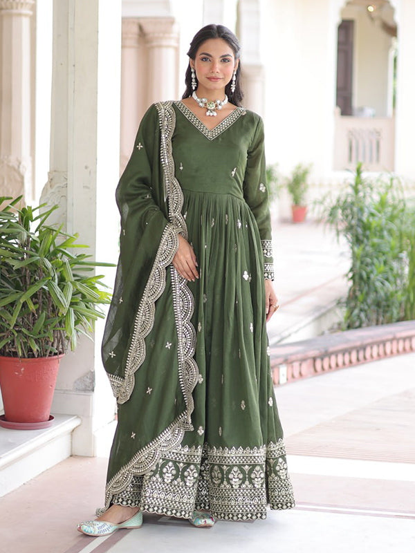 Mehndi Green Sequins Zari Embroidered Work Vichitra Silk Gown With Dupatta