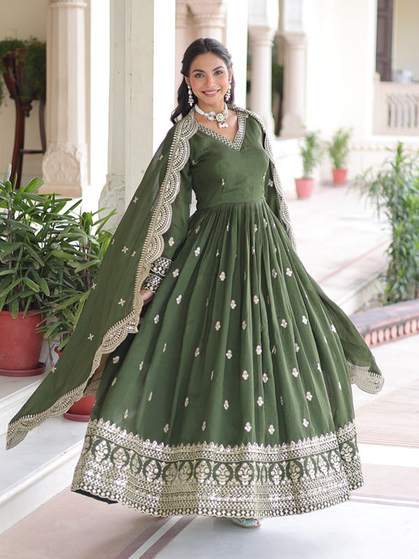 Mehndi Green Sequins Zari Embroidered Work Vichitra Silk Gown With Dupatta