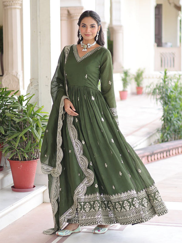 Mehndi Green Sequins Zari Embroidered Work Vichitra Silk Gown With Dupatta