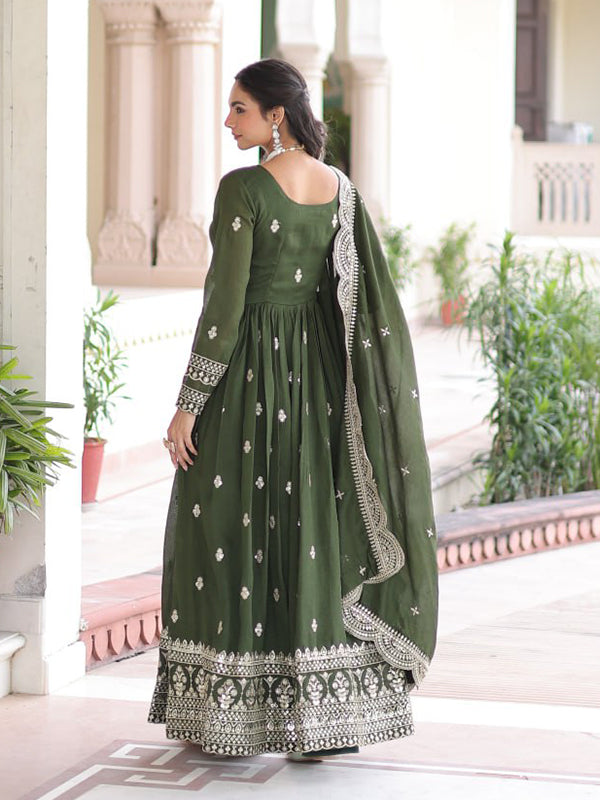 Mehndi Green Sequins Zari Embroidered Work Vichitra Silk Gown With Dupatta