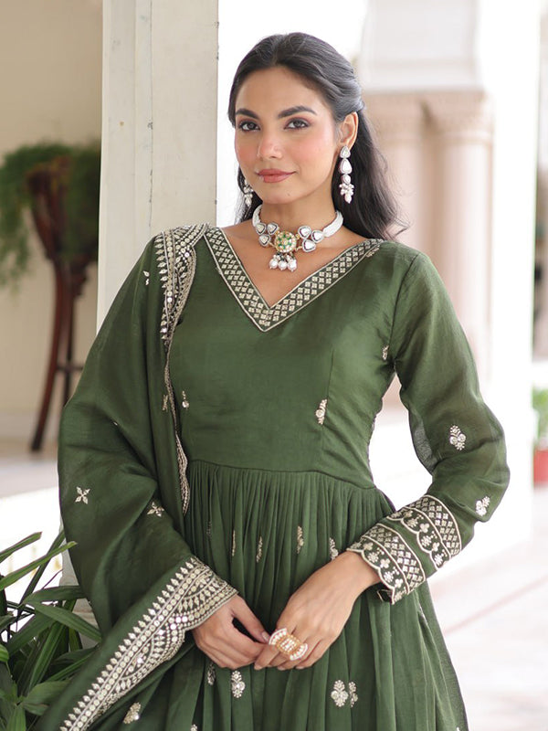 Mehndi Green Sequins Zari Embroidered Work Vichitra Silk Gown With Dupatta