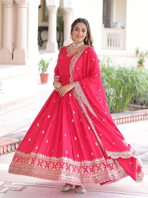 Rani Pink Sequins Zari Embroidered Work Vichitra Silk Gown With Dupatta