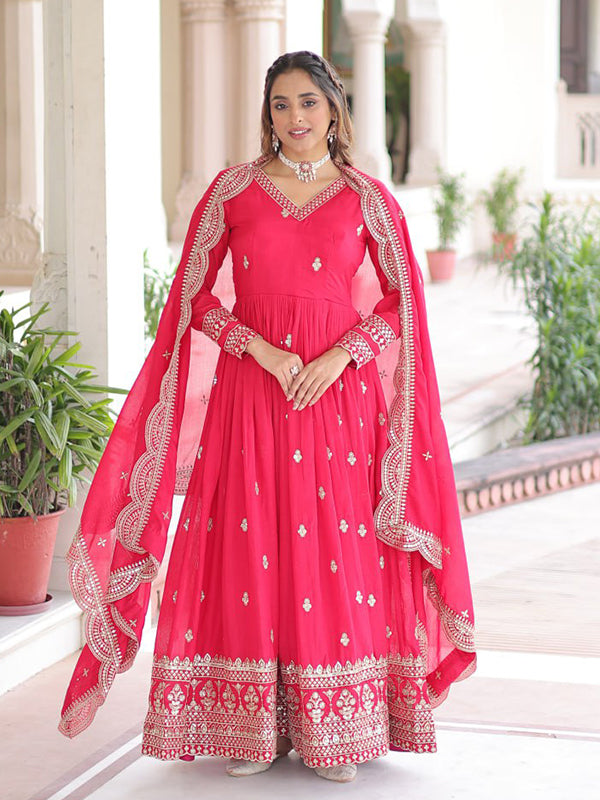 Rani Pink Sequins Zari Embroidered Work Vichitra Silk Gown With Dupatta