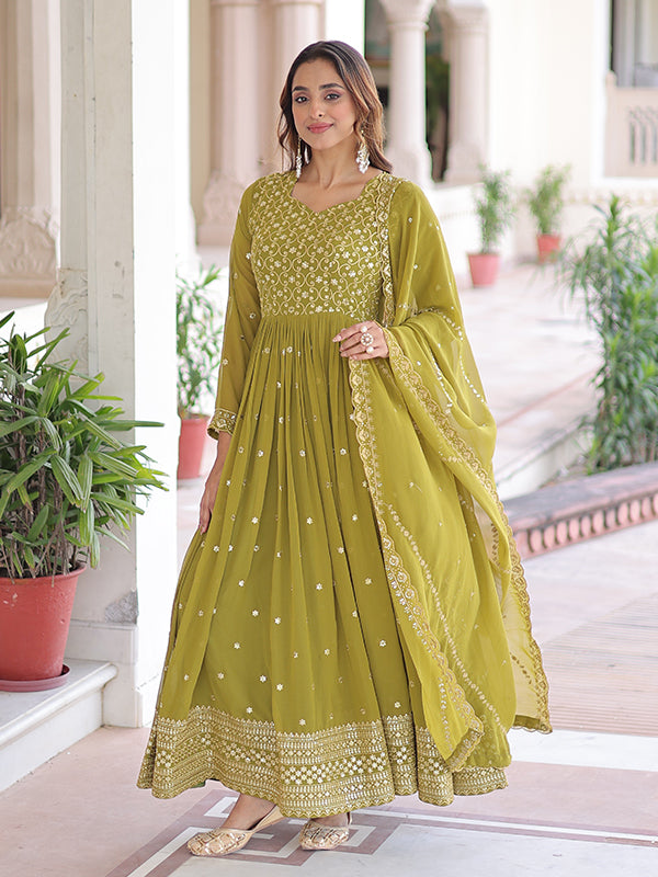 Mehndi Green Sequins Embroidered Work Georgette Gown With Dupatta