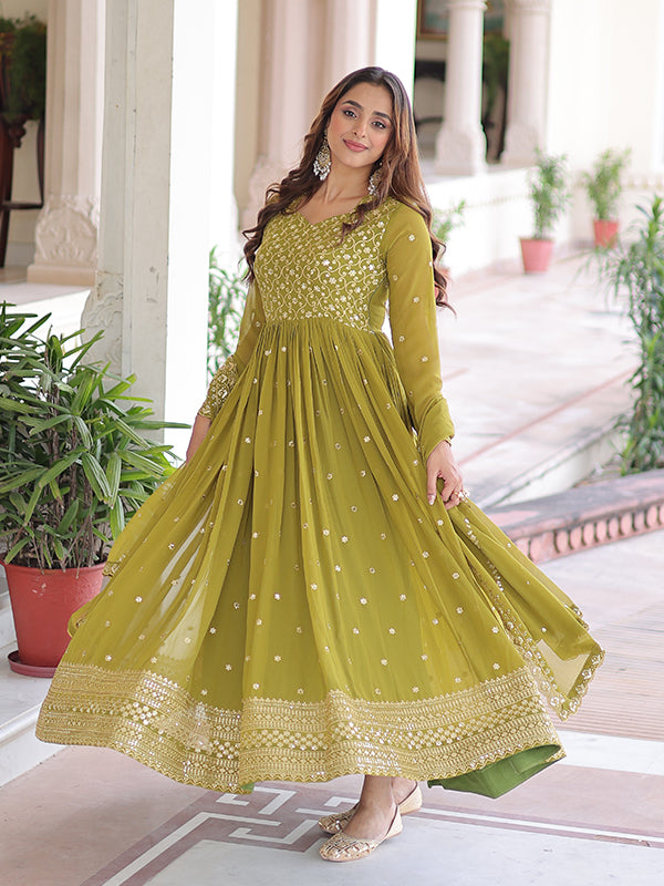 Mehndi Green Sequins Embroidered Work Georgette Gown With Dupatta