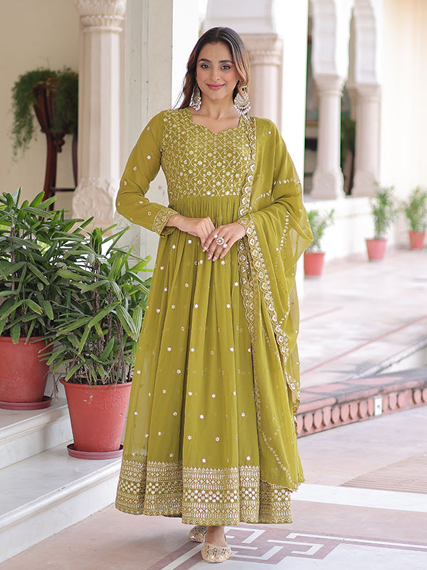 Mehndi Green Sequins Embroidered Work Georgette Gown With Dupatta