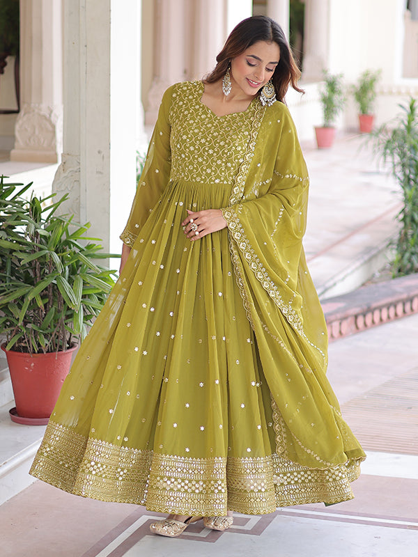 Mehndi Green Sequins Embroidered Work Georgette Gown With Dupatta