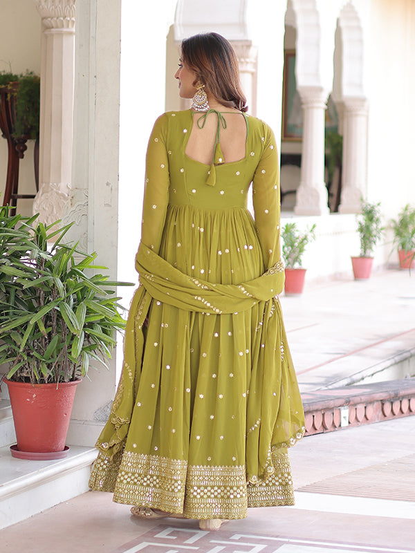 Mehndi Green Sequins Embroidered Work Georgette Gown With Dupatta