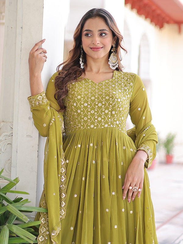 Mehndi Green Sequins Embroidered Work Georgette Gown With Dupatta