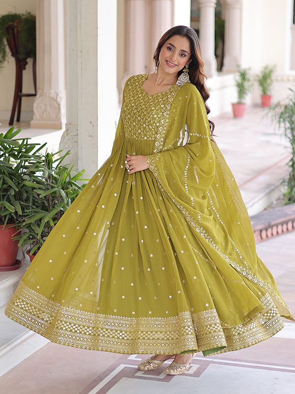 Mehndi Green Sequins Embroidered Work Georgette Gown With Dupatta